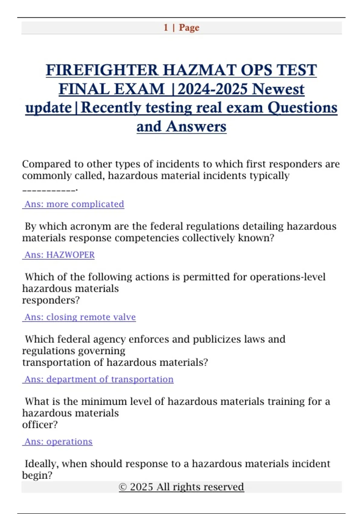 FIREFIGHTER HAZMAT OPS TEST FINAL EXAM | Newest update|Recently testing ...