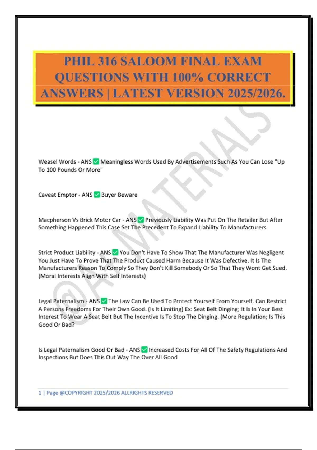 PHIL 316 SALOOM FINAL EXAM QUESTIONS WITH 100% CORRECT ANSWERS | LATEST ...