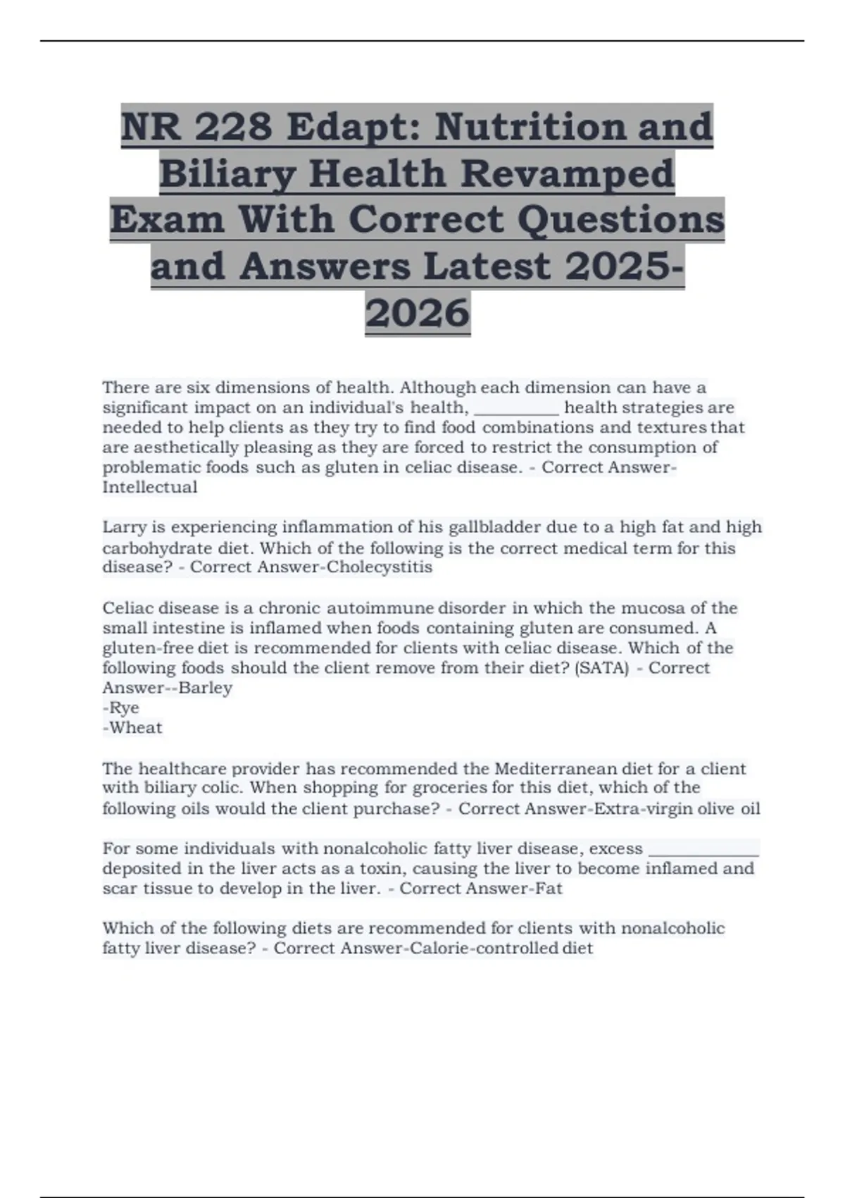 NR 228 Edapt: Nutrition and Biliary Health Exam – Revamped Version with ...