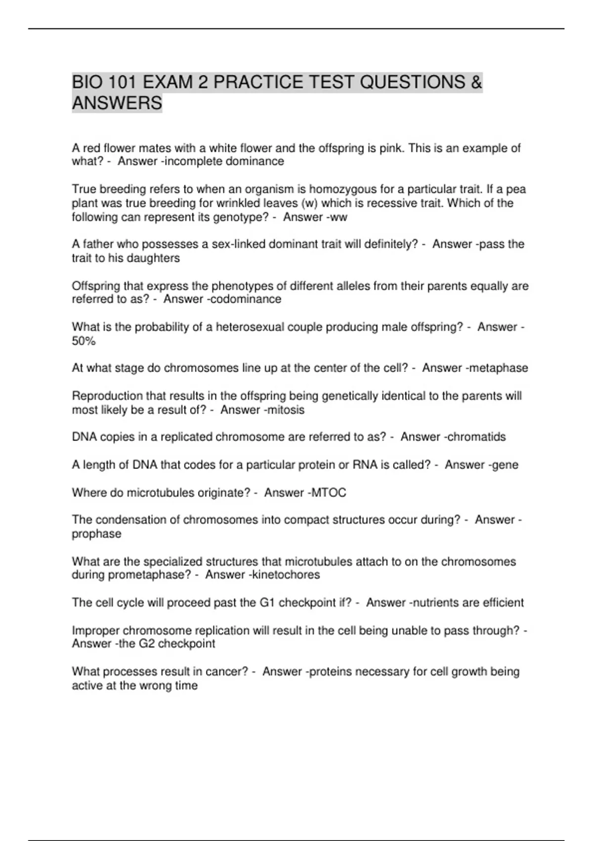 BIO 101 EXAM 2 PRACTICE TEST QUESTIONS & ANSWERS - BIO 101 - Stuvia US
