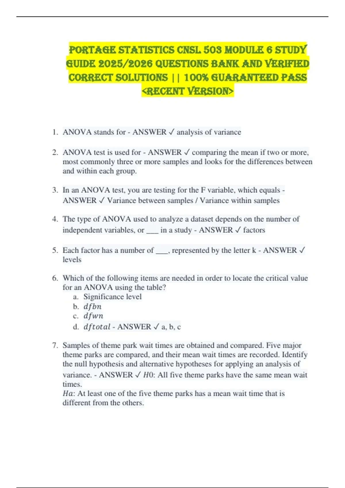 Portage Statistics CNSL 503 Module 6 STUDY GUIDE 2025/2026 QUESTIONS ...