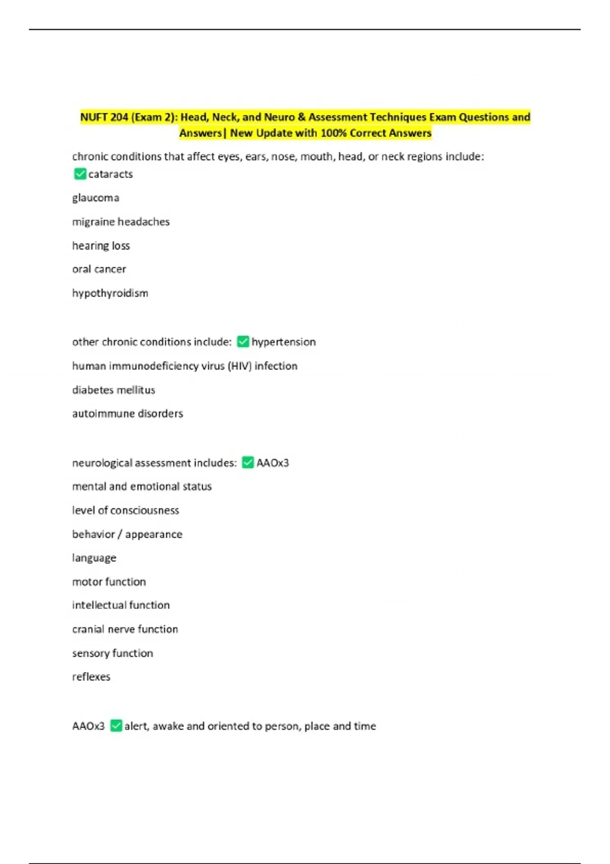 NUFT 204 (Exam 2): Head, Neck, and Neuro & Assessment Techniques Exam ...