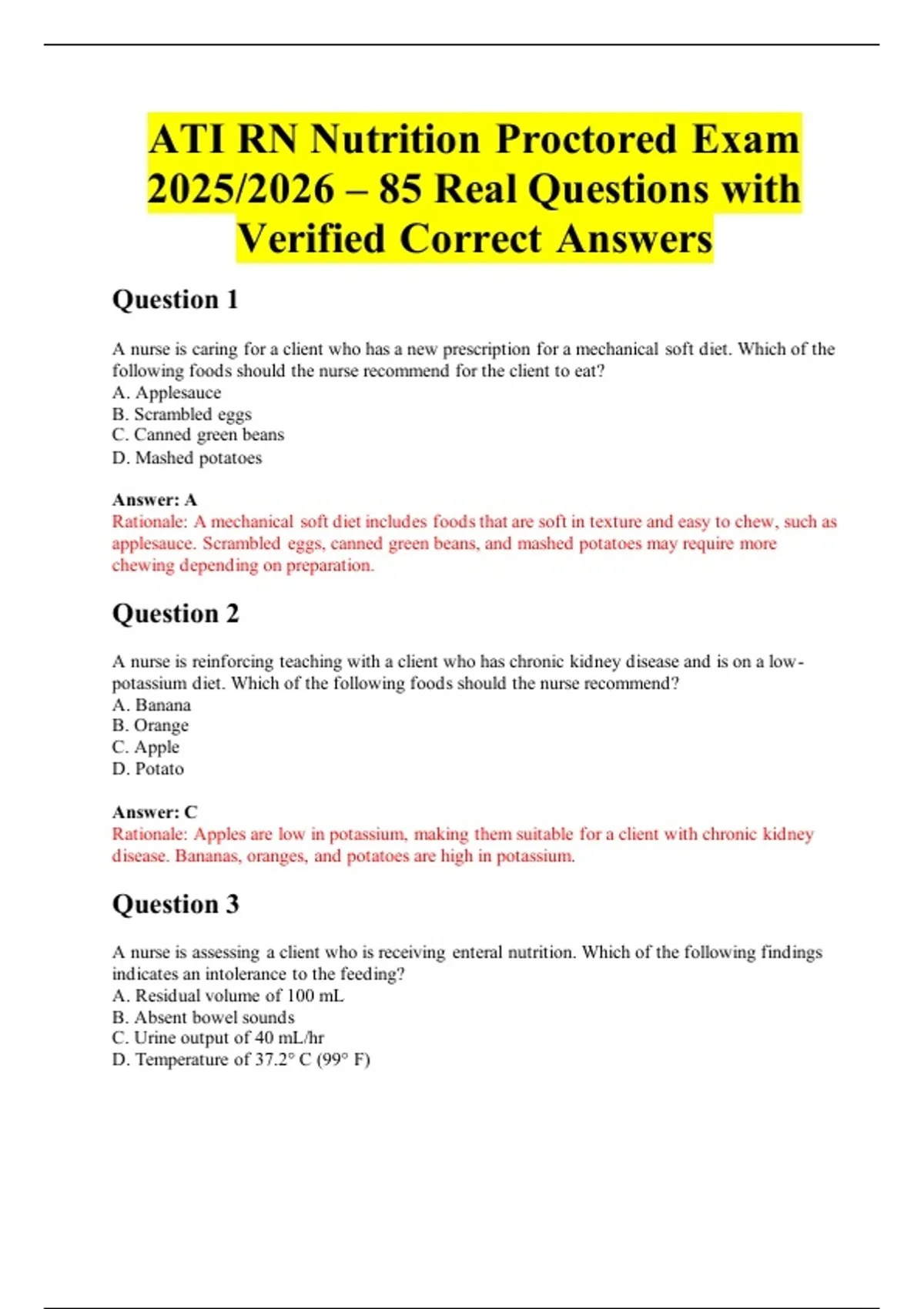 ATI RN Nutrition Proctored Exam 2025/2026 – 85 Real Questions with ...