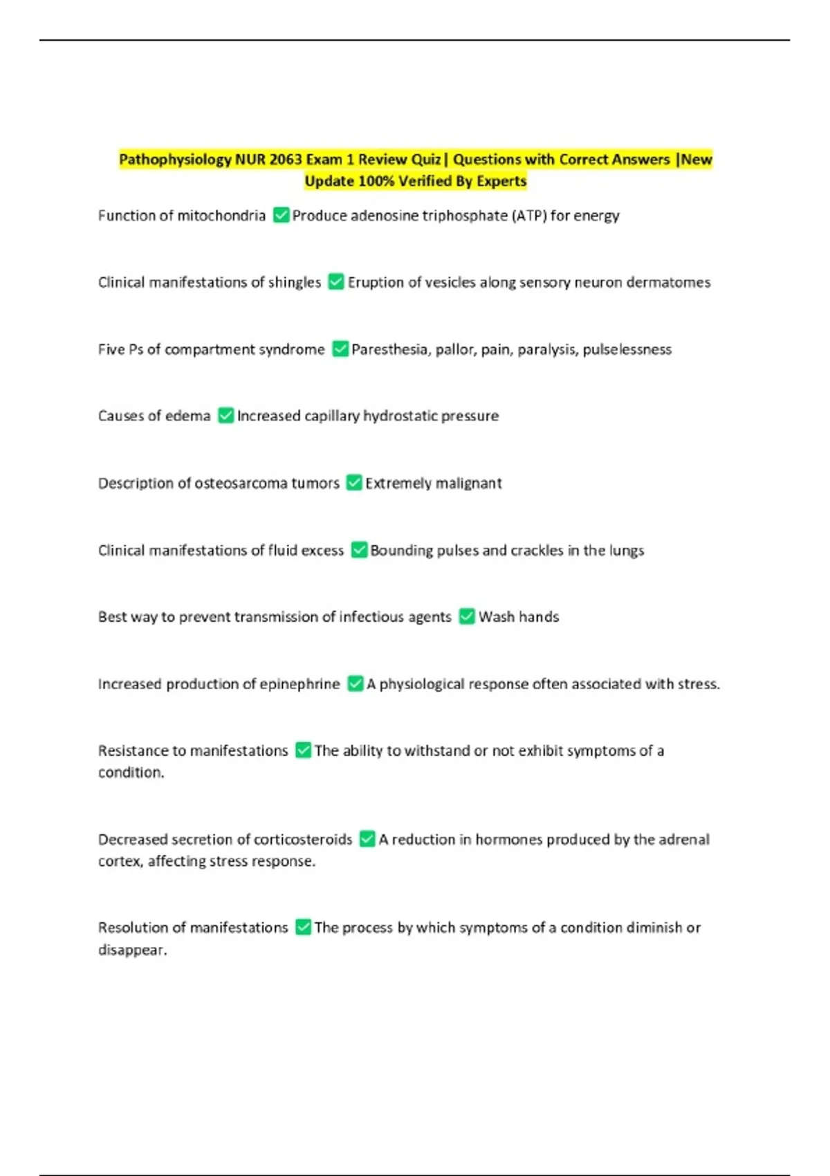 Pathophysiology NUR 2063 Exam 1 Review Quiz| Questions with Correct ...