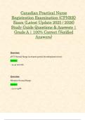 Canadian Practical Nurse Registration Examination &lpar;CPNRE&rpar; Exam &lpar;Latest Update 2025 &sol; 2026&rpar; Study Guide Questions & Answers &vert; Grade A &vert; 100&percnt; Correct &lpar;Verified Answers&rpar;