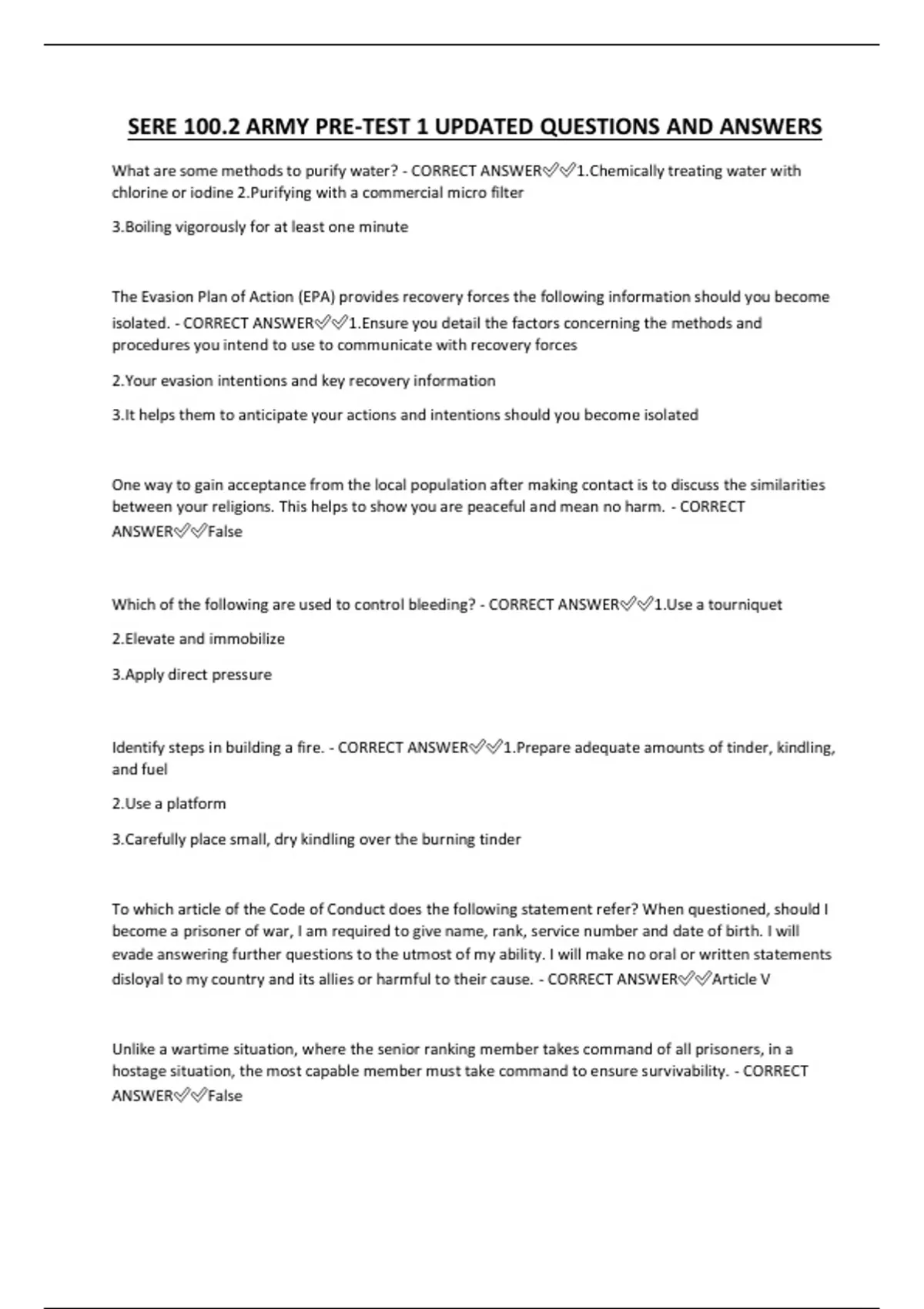 SERE 100.2 ARMY PRE-TEST 1 UPDATED QUESTIONS AND ANSWERS - SERE 100 ...