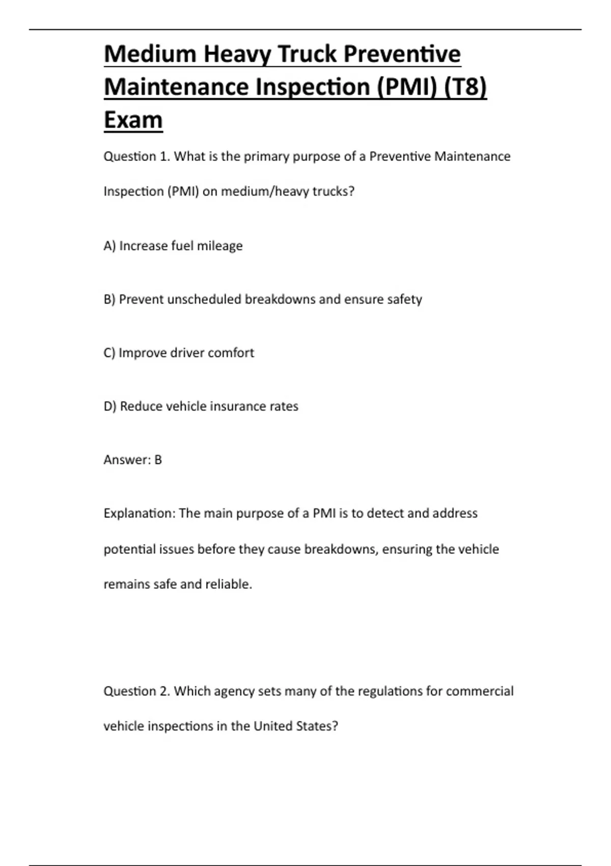 Pmi Inspection Example Medium Heavy Truck Preventive Maintenance Inspection (PMI) (T8) Exam ...