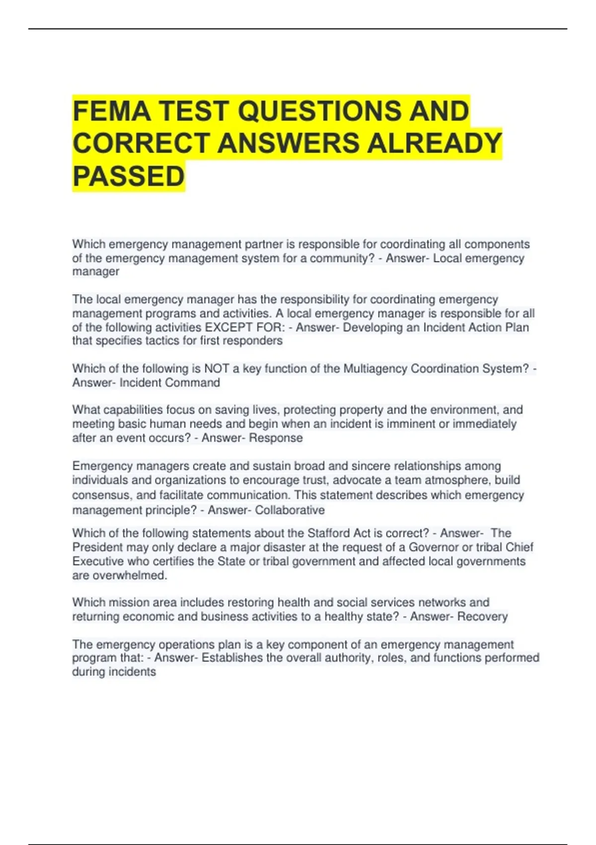FEMA TEST QUESTIONS AND CORRECT ANSWERS ALREADY PASSED - FEMA - Stuvia US