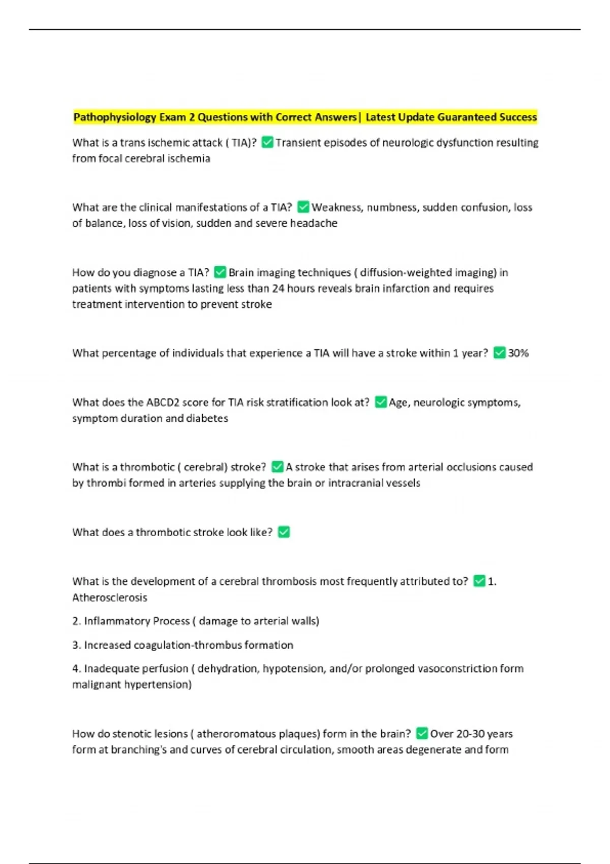 Pathophysiology Exam 2 Questions with Correct Answers| Latest Update ...