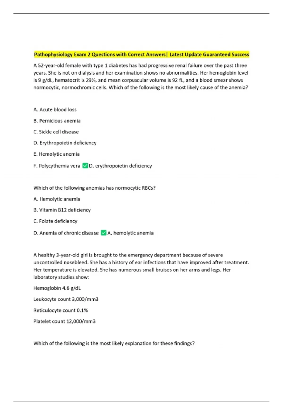 Pathophysiology Exam 2 Questions with Correct Answers| Latest Update ...