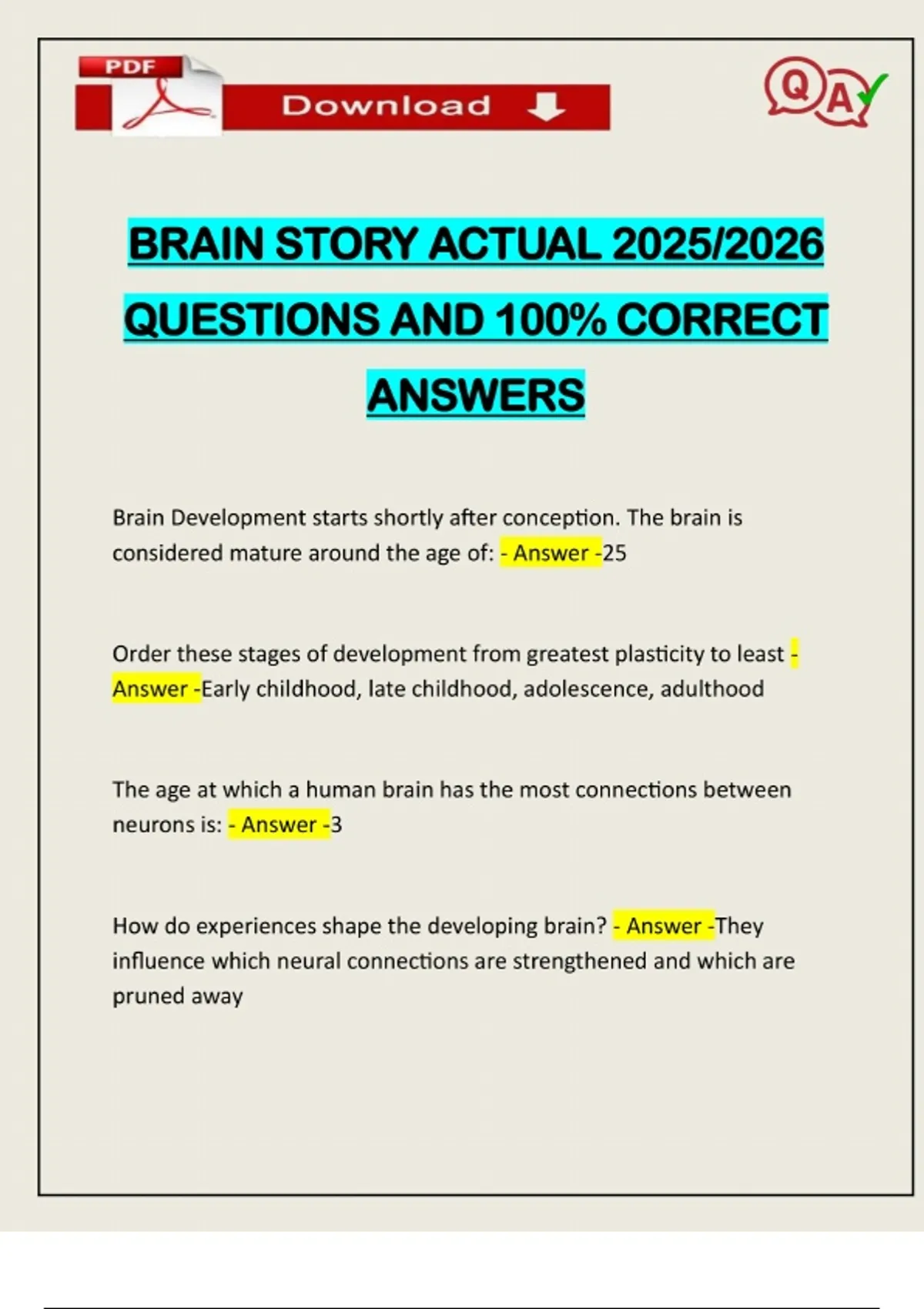 BRAIN STORY ACTUAL 2025/2026 QUESTIONS AND 100% CORRECT ANSWERS - BRAIN ...