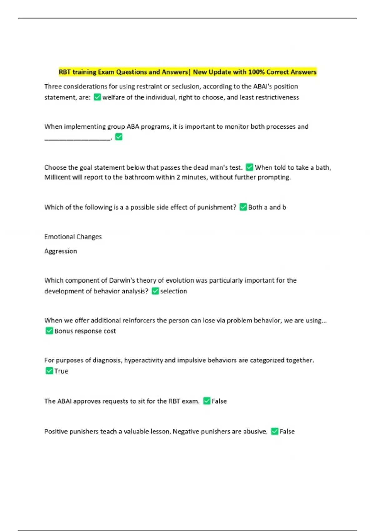 RBT training Exam Questions and Answers| New Update with 100% Correct ...