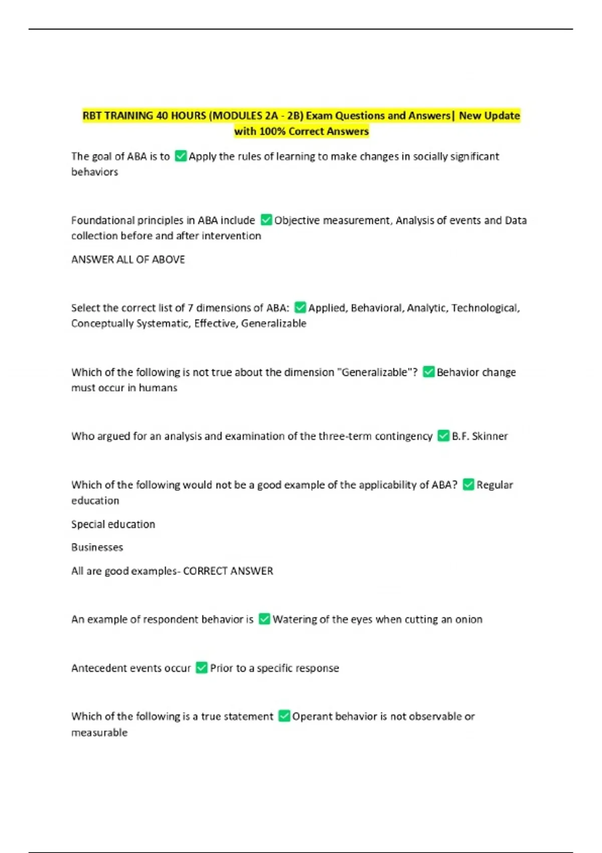 RBT TRAINING 40 HOURS (MODULES 2A - 2B) Exam Questions and Answers| New ...