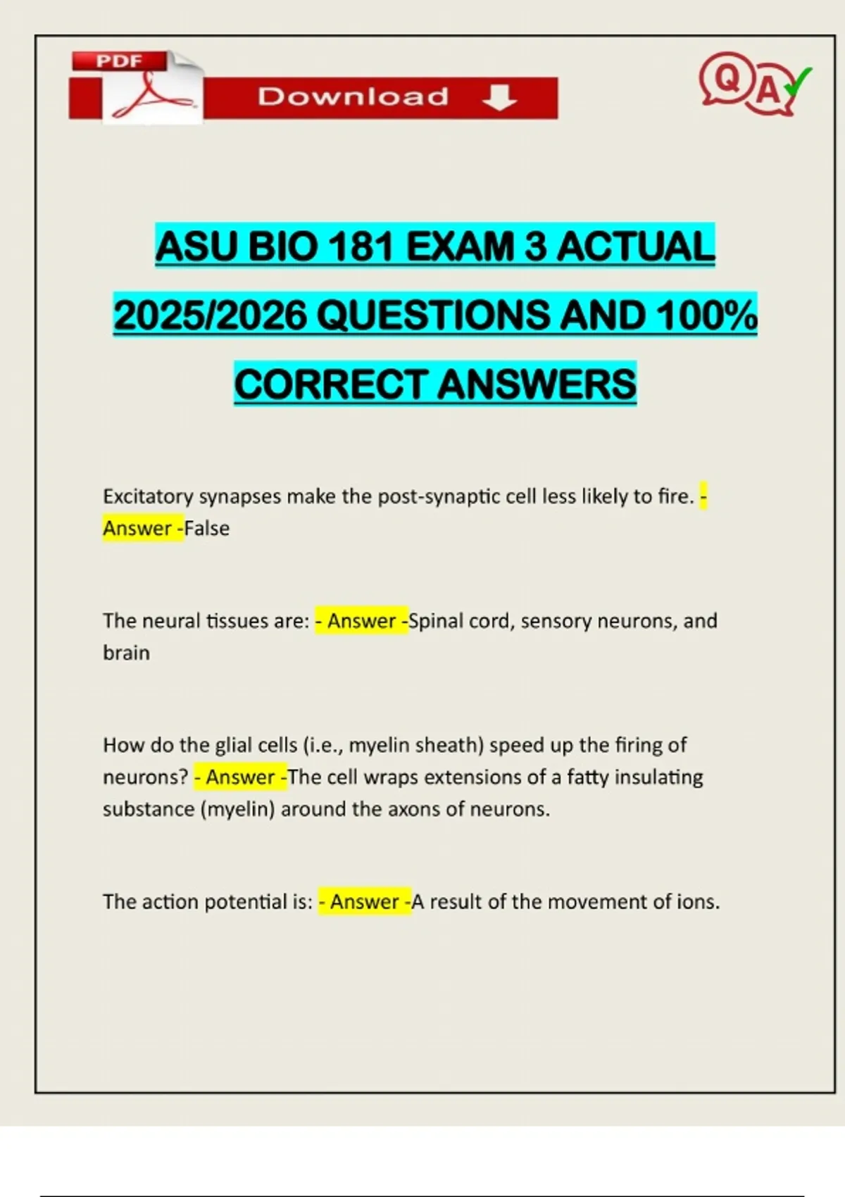 ASU BIO 181 EXAM 3 ACTUAL 2025/2026 QUESTIONS AND 100% CORRECT ANSWERS ...