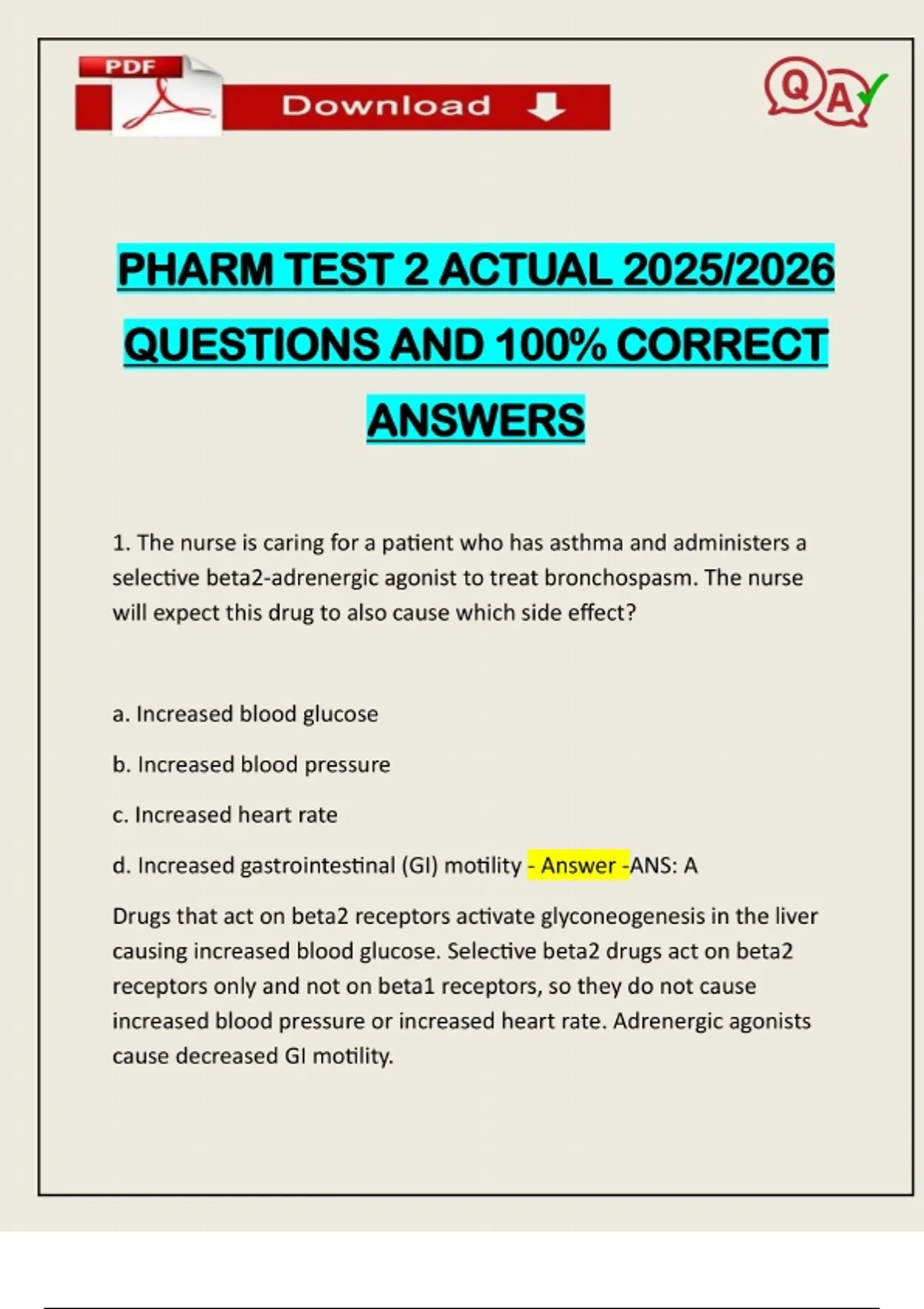 PHARM TEST 2 ACTUAL 2025/2026 QUESTIONS AND 100% CORRECT ANSWERS ...