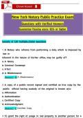 New York Notary Public Practice Exam Questions with Verified Answers Guarantee Passing score&colon; 85&percnt; or higher 