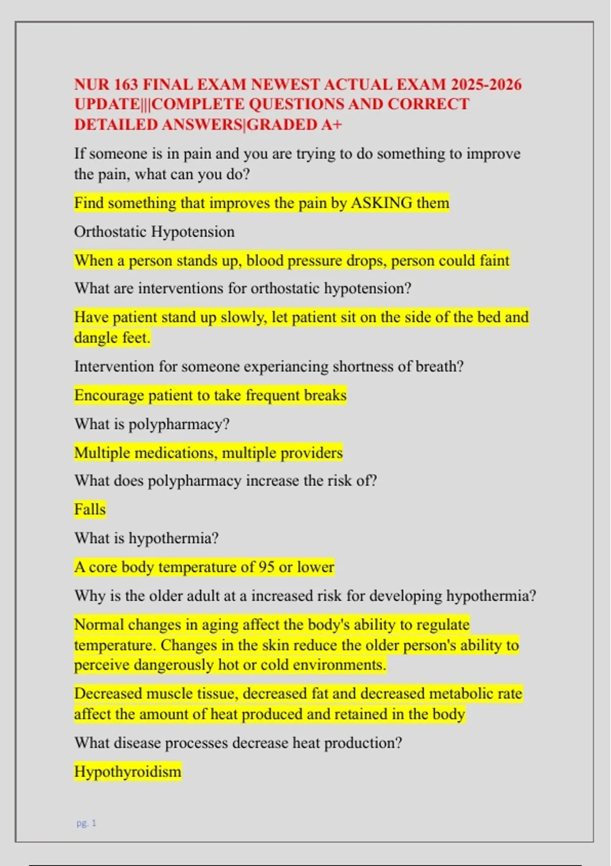 NUR 163 FINAL EXAM NEWEST ACTUAL EXAM UPDATE|||COMPLETE QUESTIONS AND ...