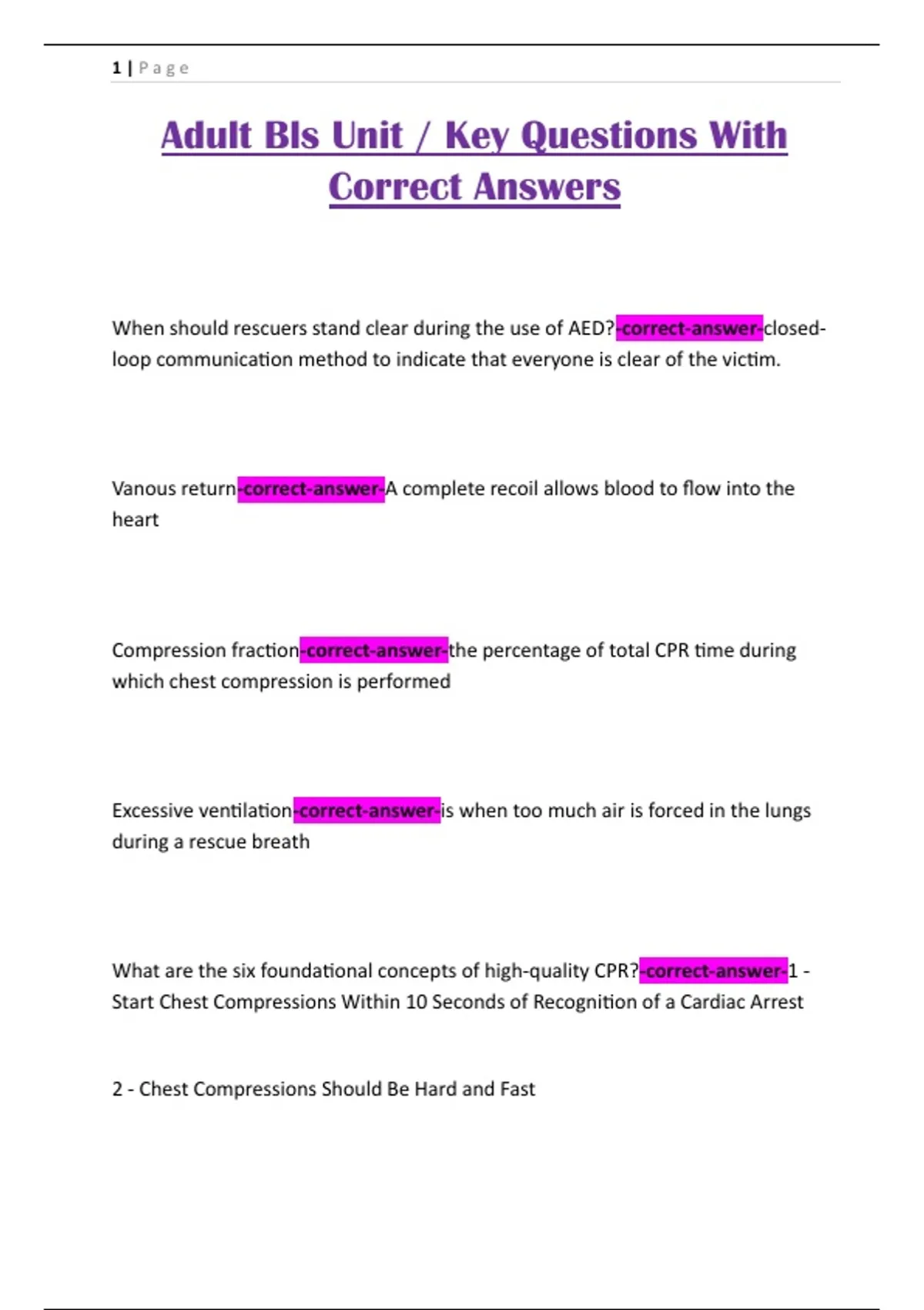 Adult Bls Unit / Key Questions With Correct Answers - Adult Bls Unit ...
