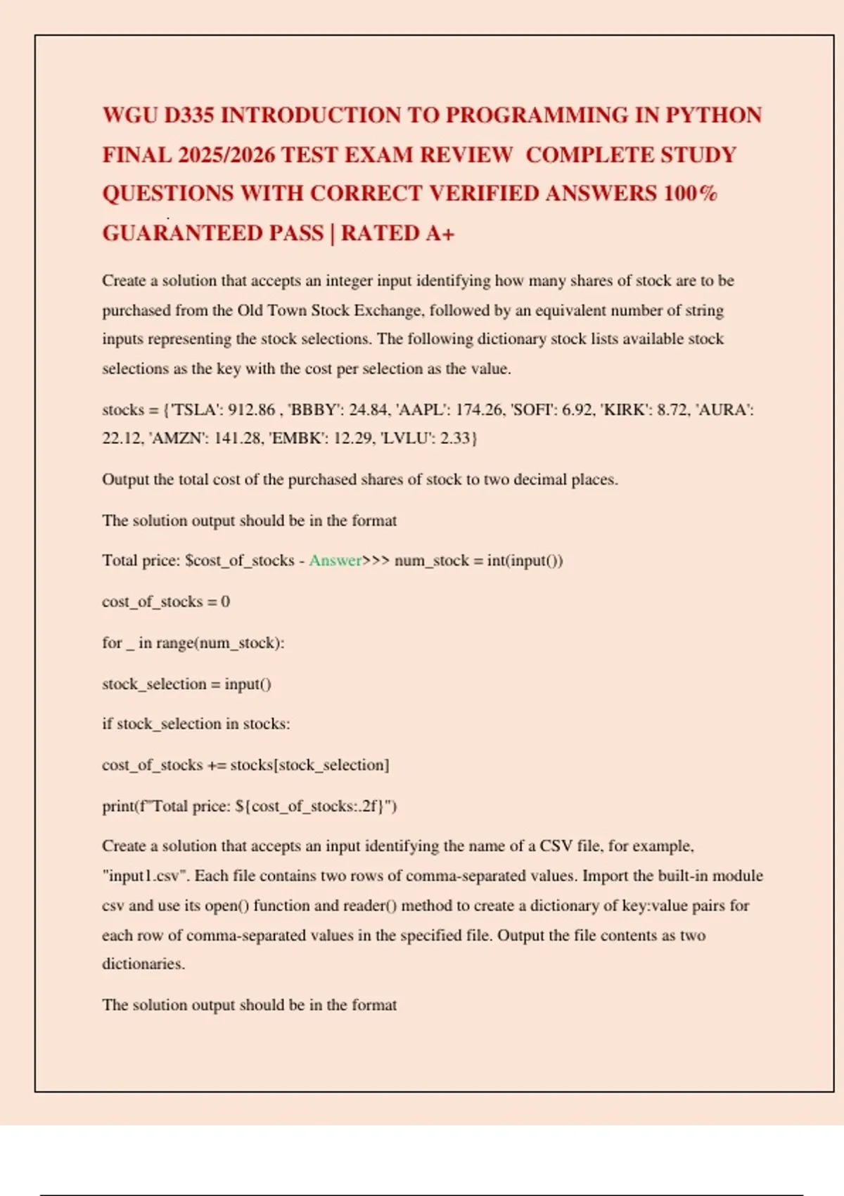 WGU D335 INTRODUCTION TO PROGRAMMING IN PYTHON FINAL 2025/2026 TEST ...