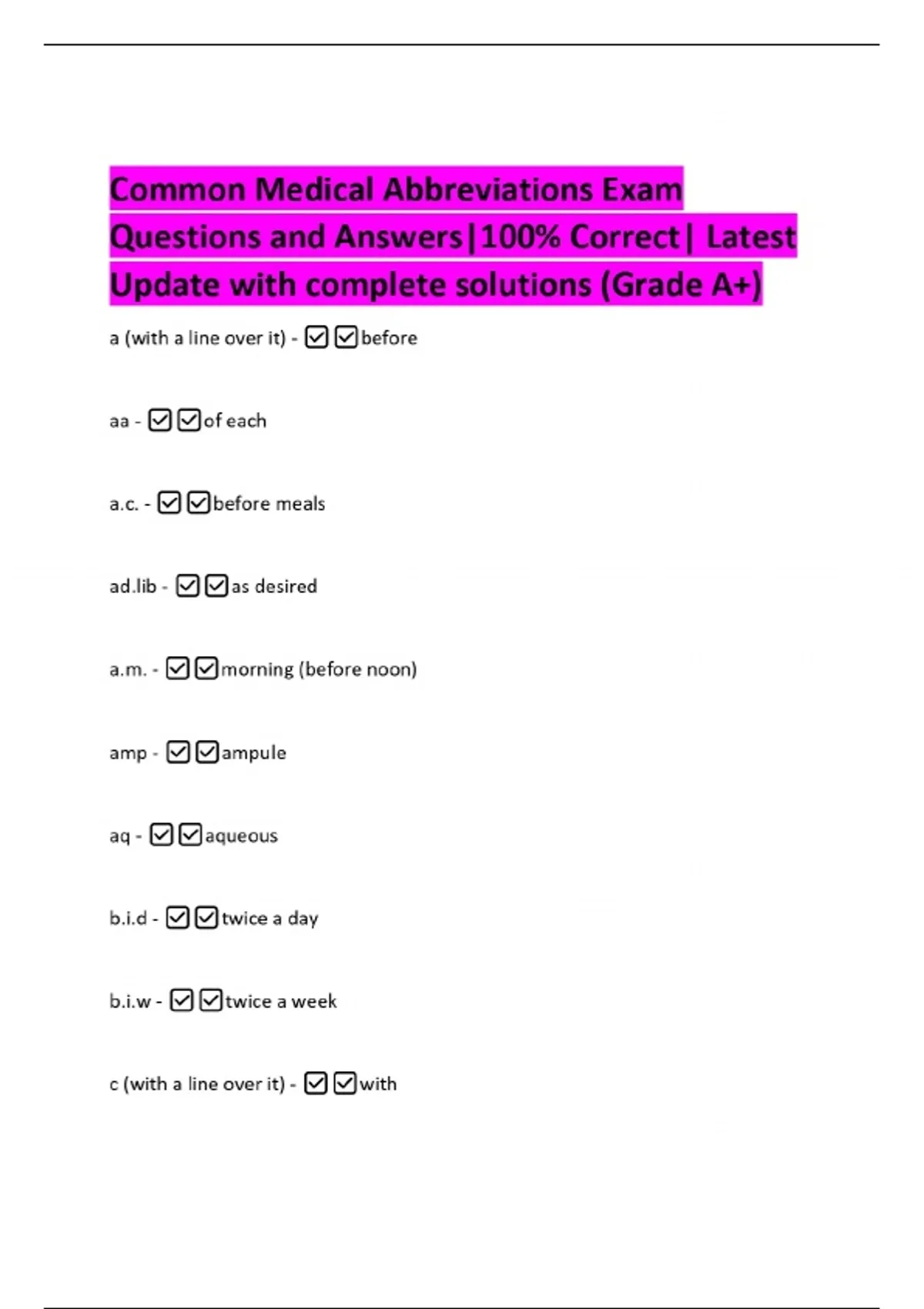 Common Medical Abbreviations Exam Questions and Answers|100% Correct ...