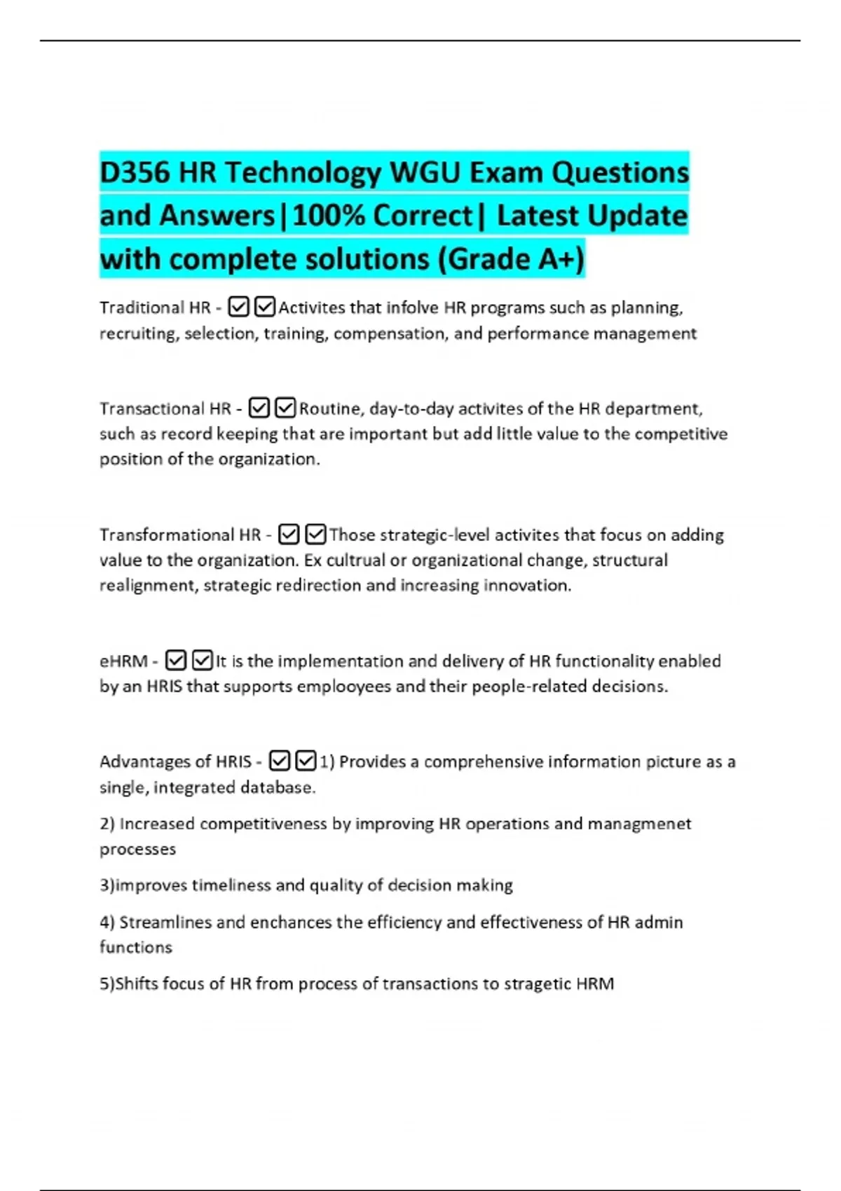 D356 HR Technology WGU Exam Questions and Answers|100% Correct| Latest ...