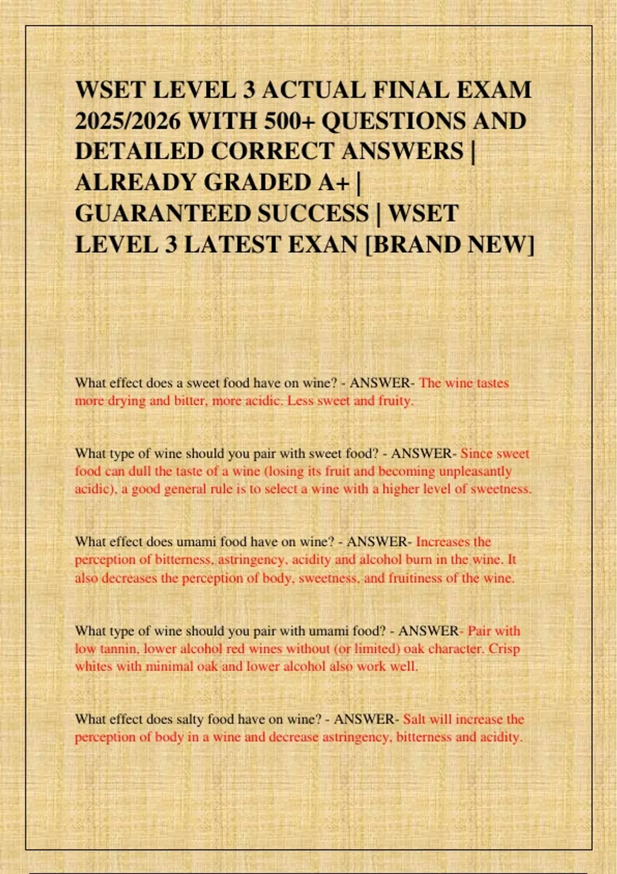 WSET LEVEL 3 ACTUAL FINAL EXAM 2025/2026 WITH 500+ QUESTIONS AND ...