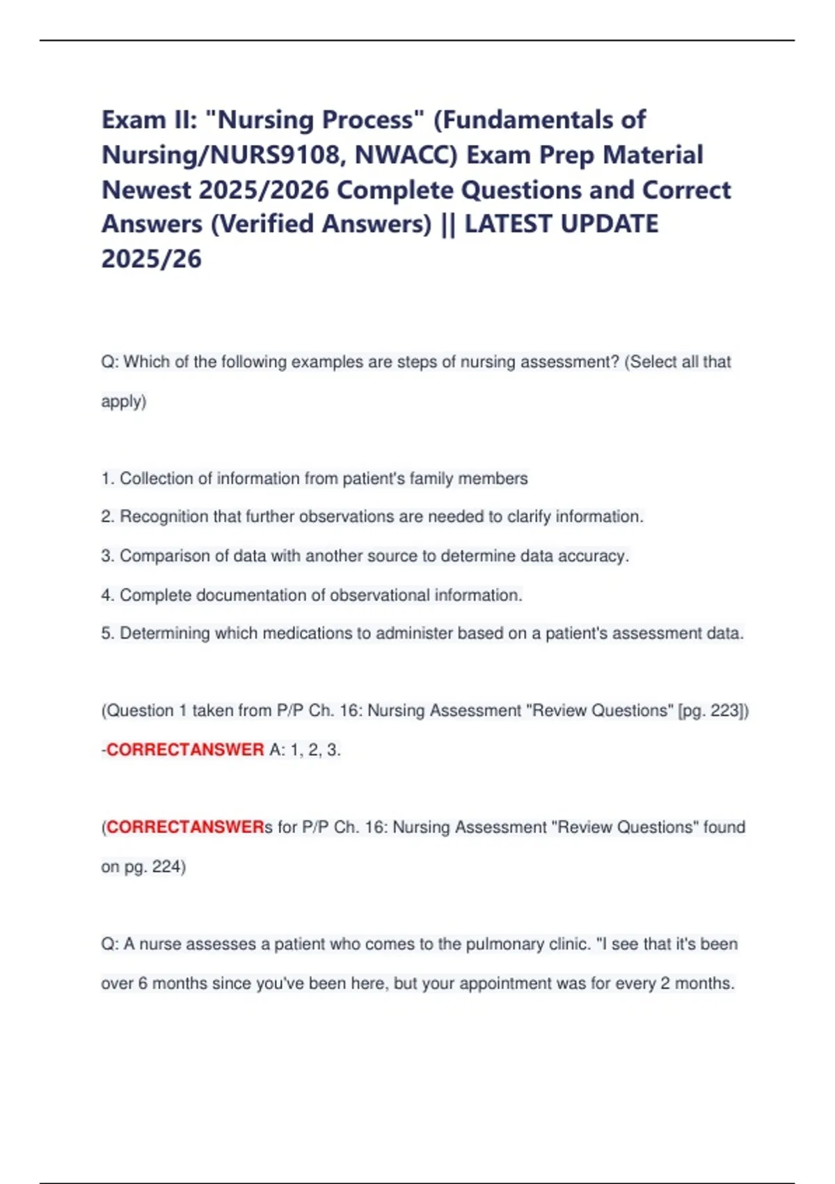 Exam II: "Nursing Process" (Fundamentals of Nursing/NURS9108, NWACC ...