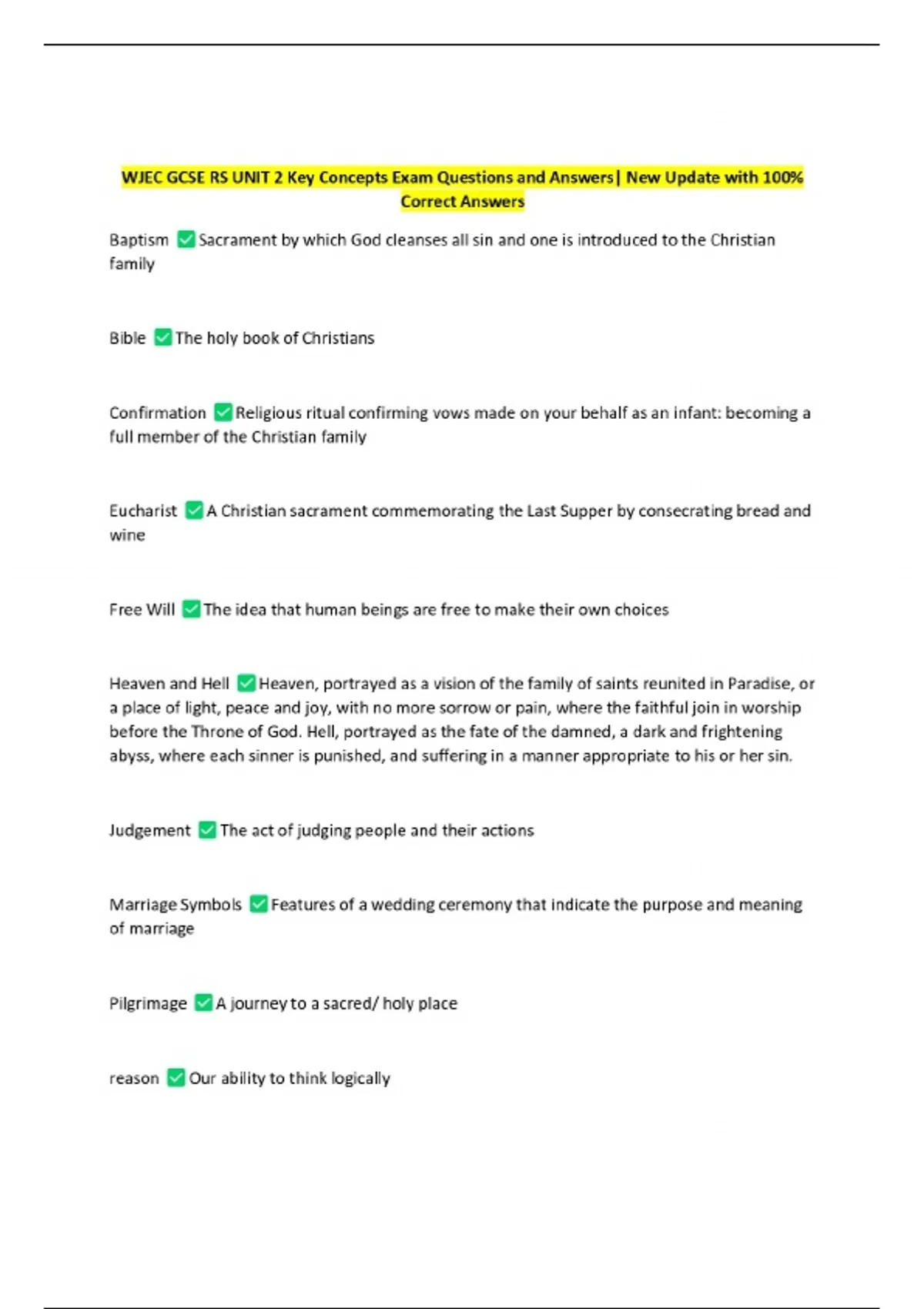 WJEC GCSE RS UNIT 2 Key Concepts Exam Questions and Answers| New Update ...