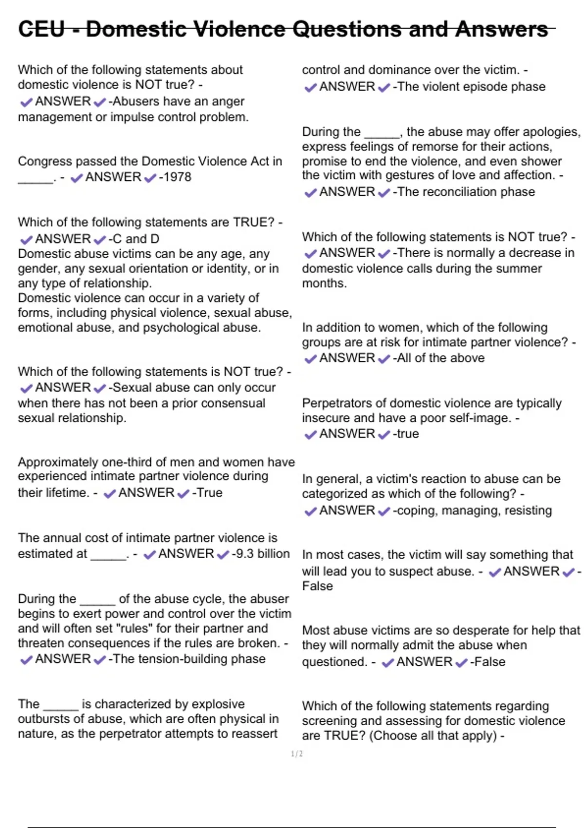 CEU - Domestic Violence Questions and Answers - CEU - Domestic Violence - Stuvia US