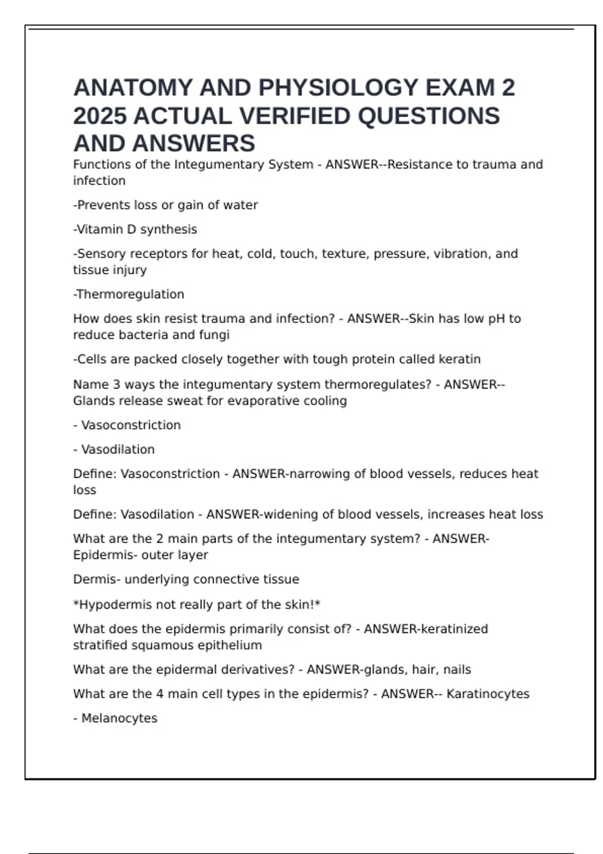 ANATOMY AND PHYSIOLOGY EXAM 2 2025 ACTUAL VERIFIED QUESTIONS AND ...