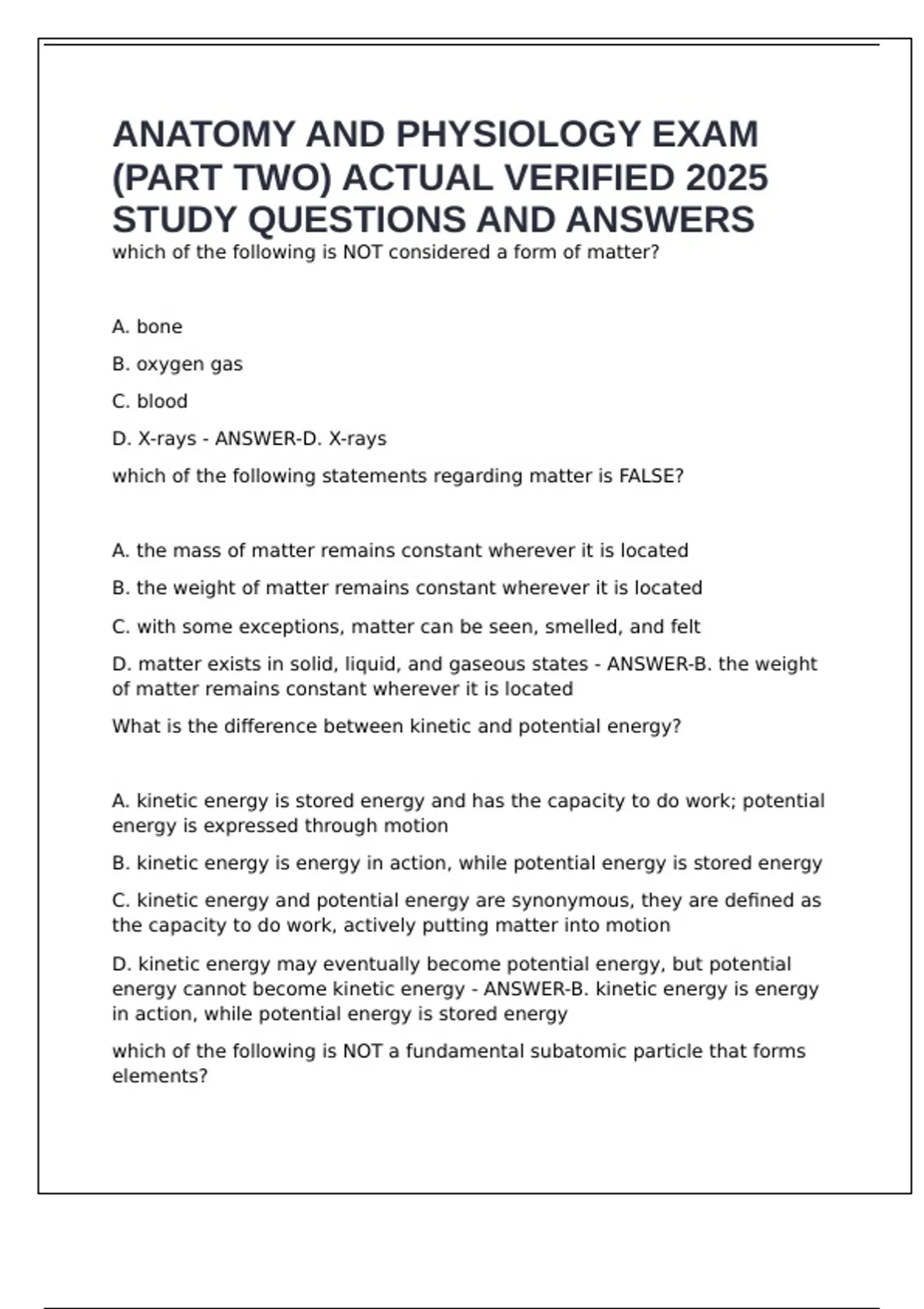 ANATOMY AND PHYSIOLOGY EXAM (PART TWO) ACTUAL VERIFIED 2025 STUDY ...