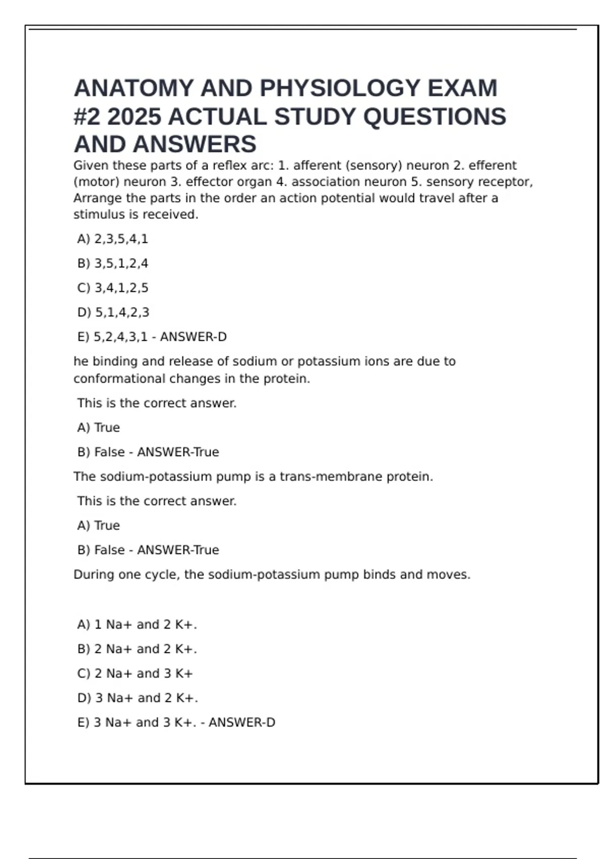 ANATOMY AND PHYSIOLOGY EXAM #2 2025 ACTUAL STUDY QUESTIONS AND ANSWERS ...