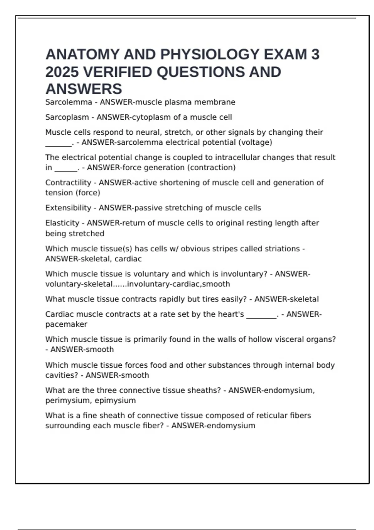 ANATOMY AND PHYSIOLOGY EXAM 3 2025 VERIFIED QUESTIONS AND ANSWERS ...