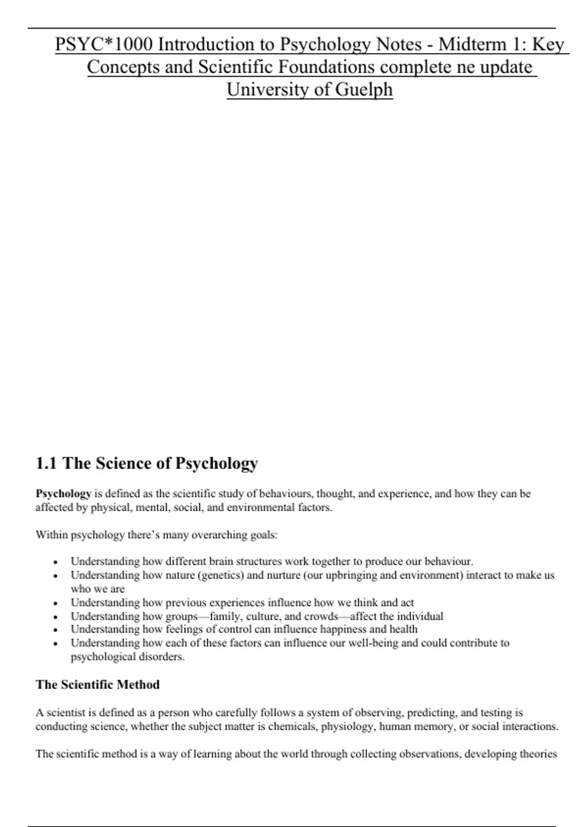 PSYC*1000 Introduction to Psychology Notes - Midterm 1: Key Concepts ...