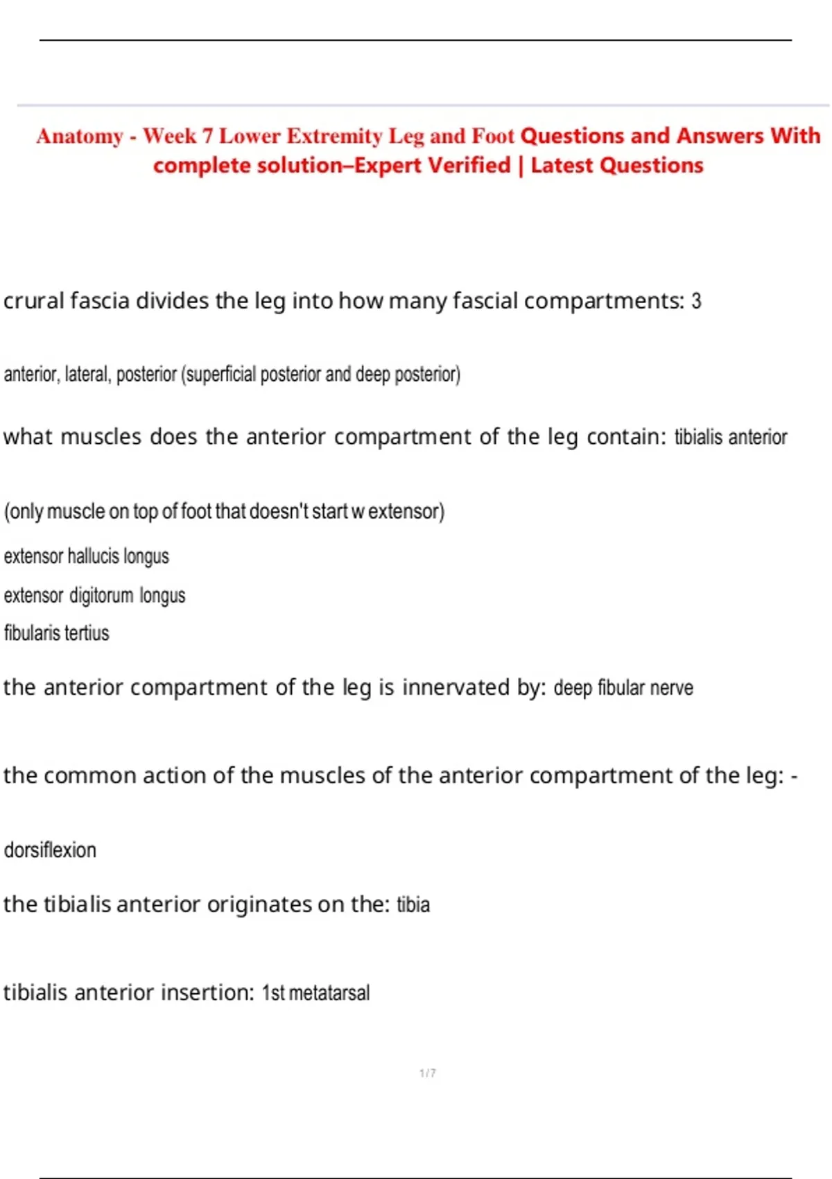 Anatomy - Week 7 Lower Extremity Leg and Foot Questions and Answers ...