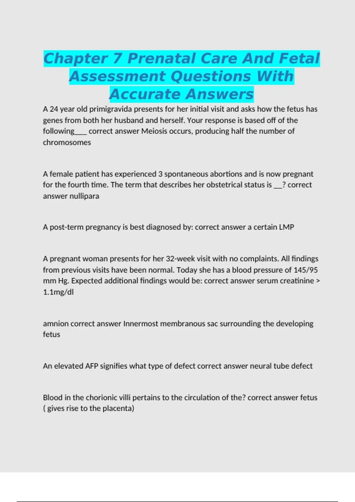 Chapter 7 Prenatal Care And Fetal Assessment Questions With Accurate ...
