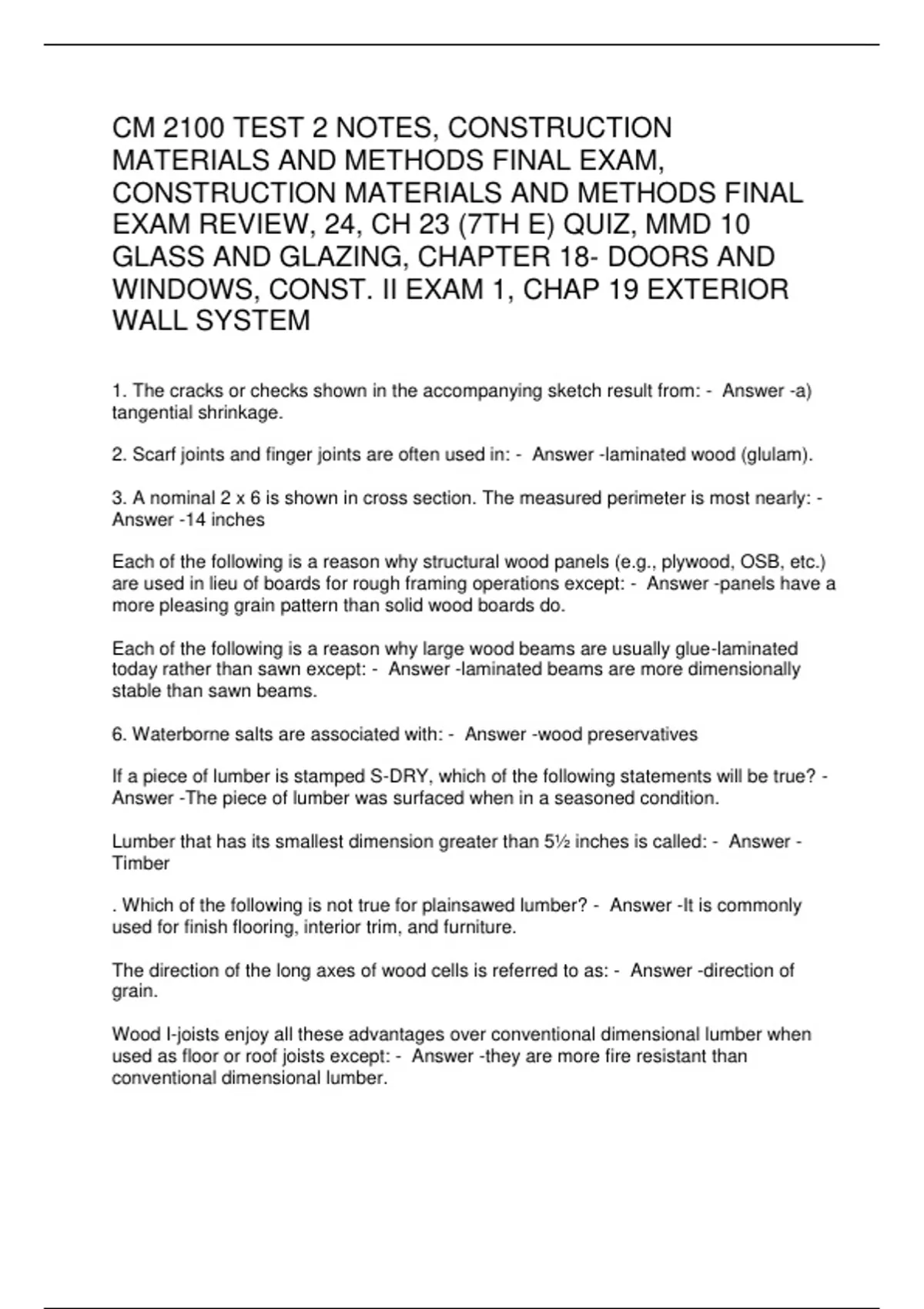 CM 2100 TEST 2 NOTES, CONSTRUCTION MATERIALS AND METHODS FINAL EXAM ...