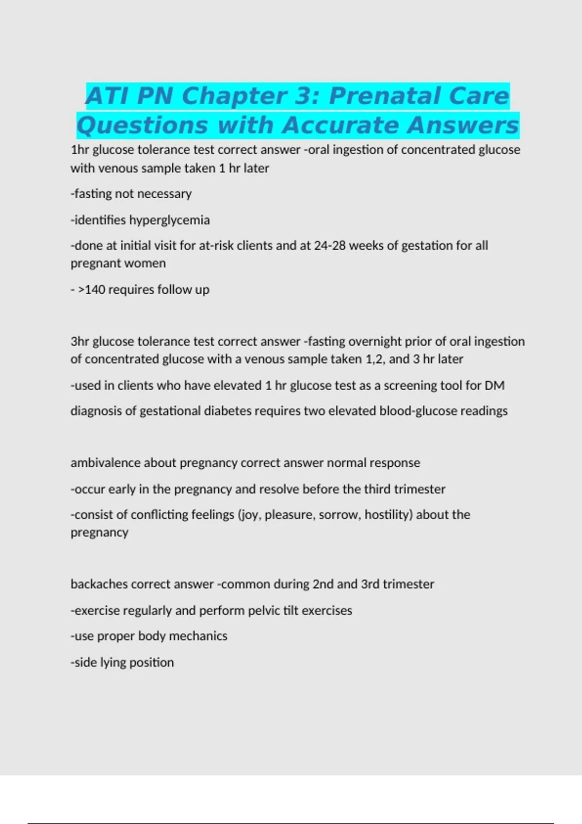 ATI PN Chapter 3: Prenatal Care Questions with Accurate Answers ...