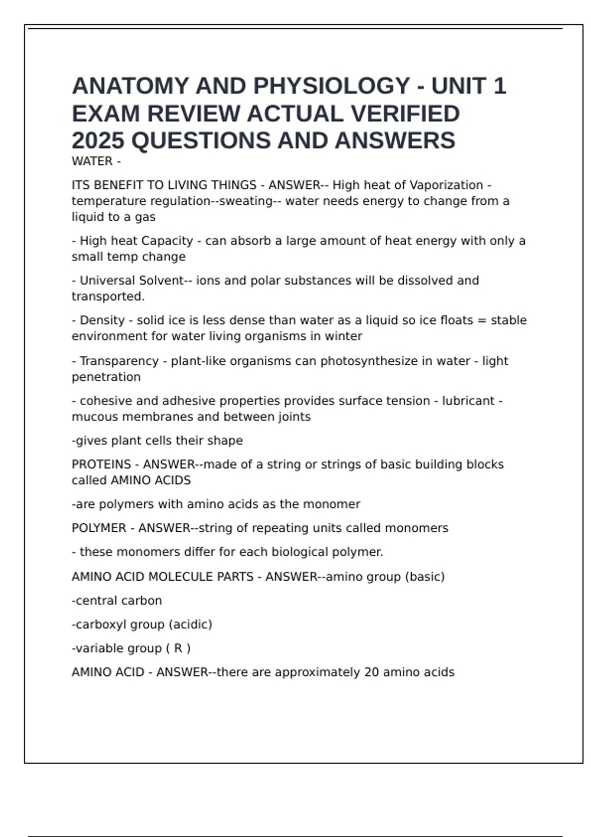 ANATOMY AND PHYSIOLOGY - UNIT 1 EXAM REVIEW ACTUAL VERIFIED 2025 ...