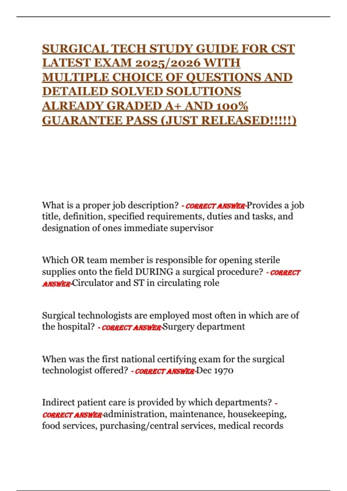 SURGICAL TECH STUDY GUIDE FOR CST LATEST EXAM 2025/2026 WITH MULTIPLE ...