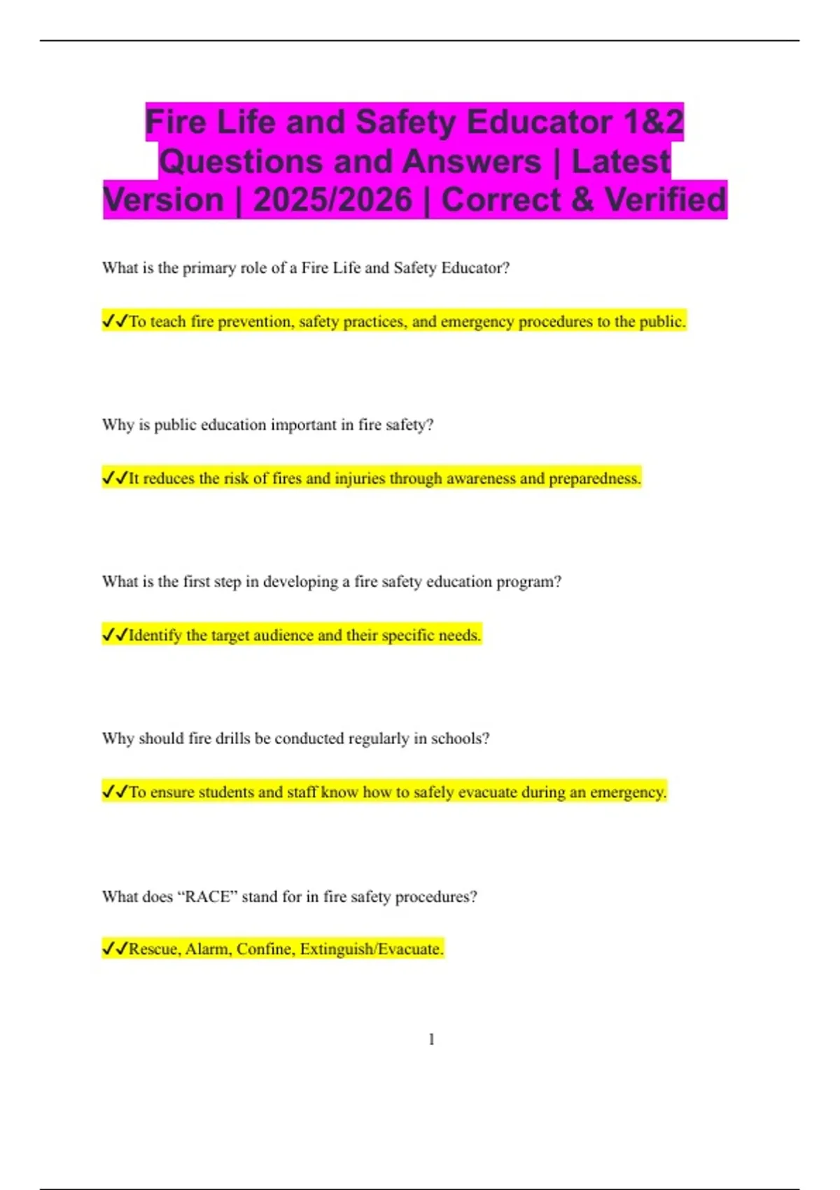Fire Life and Safety Educator 1&2 Questions and Answers | Latest ...