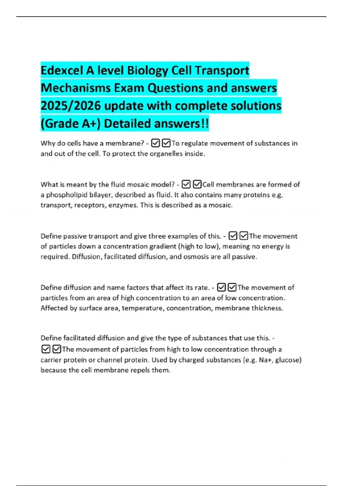 Edexcel A level Biology Cell Transport Mechanisms Exam Questions and ...