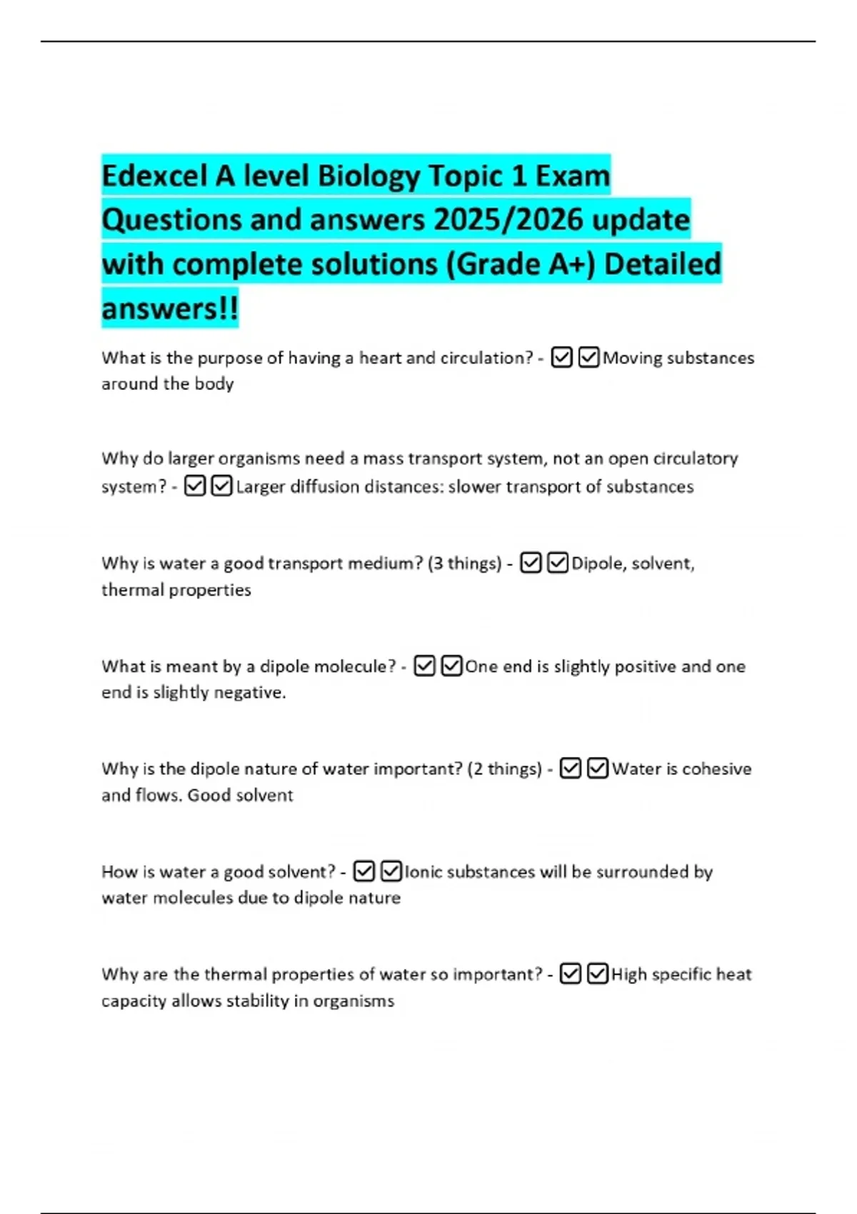 Edexcel A level Biology Topic 1 Exam Questions and answers 2025/2026 ...
