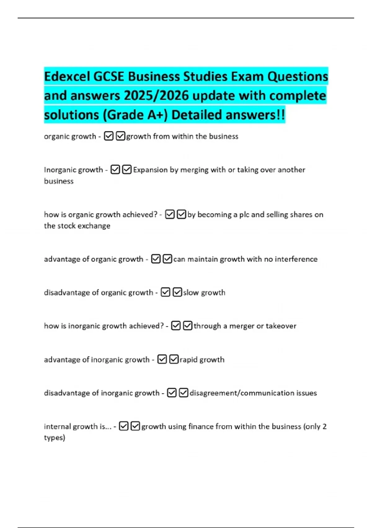 Edexcel GCSE Business Studies Exam Questions and answers 2025/2026 ...