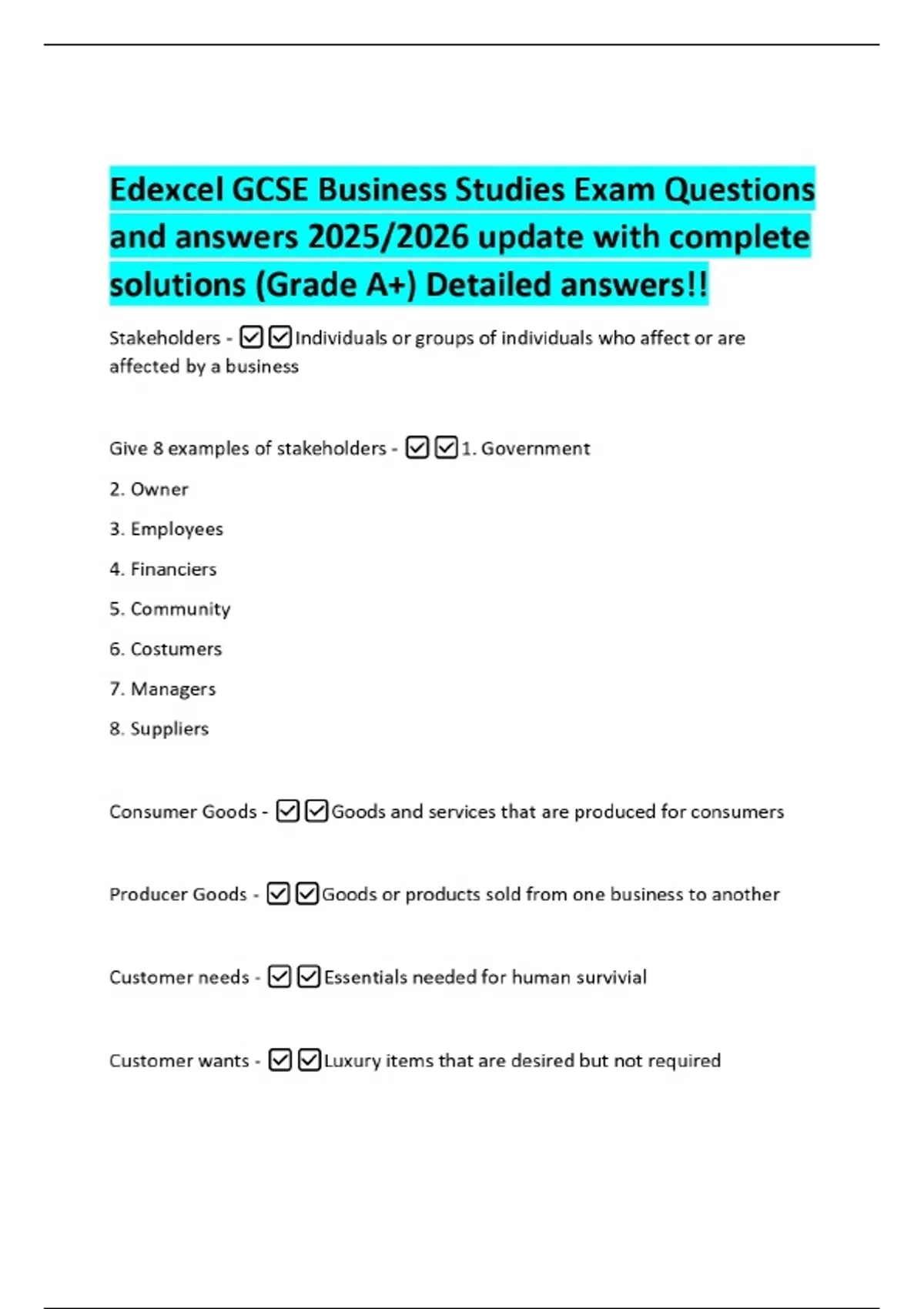 Edexcel GCSE Business Studies Exam Questions and answers 2025/2026 ...