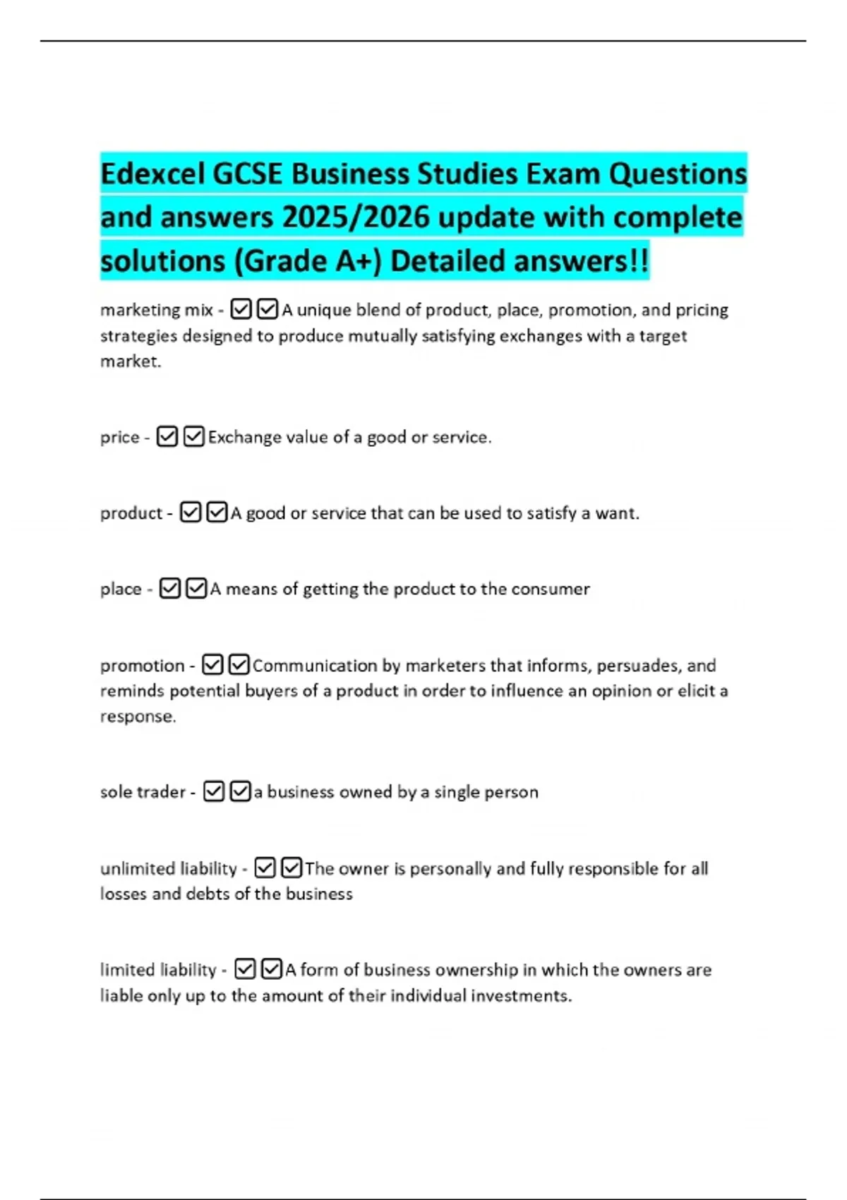Edexcel GCSE Business Studies Exam Questions and answers 2025/2026 ...