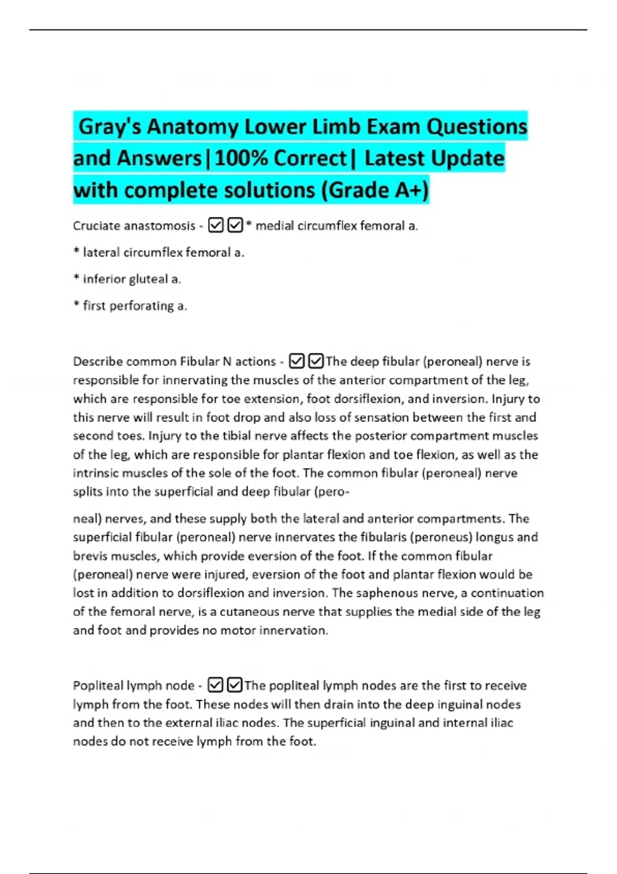 Gray's Anatomy Lower Limb Exam Questions and Answers|100% Correct ...