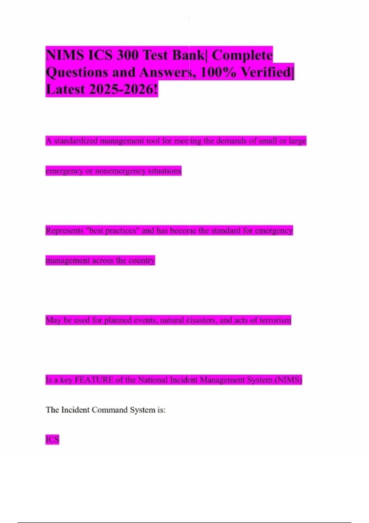 NIMS ICS 300 Test Bank| Complete Questions and Answers, 100% Verified ...