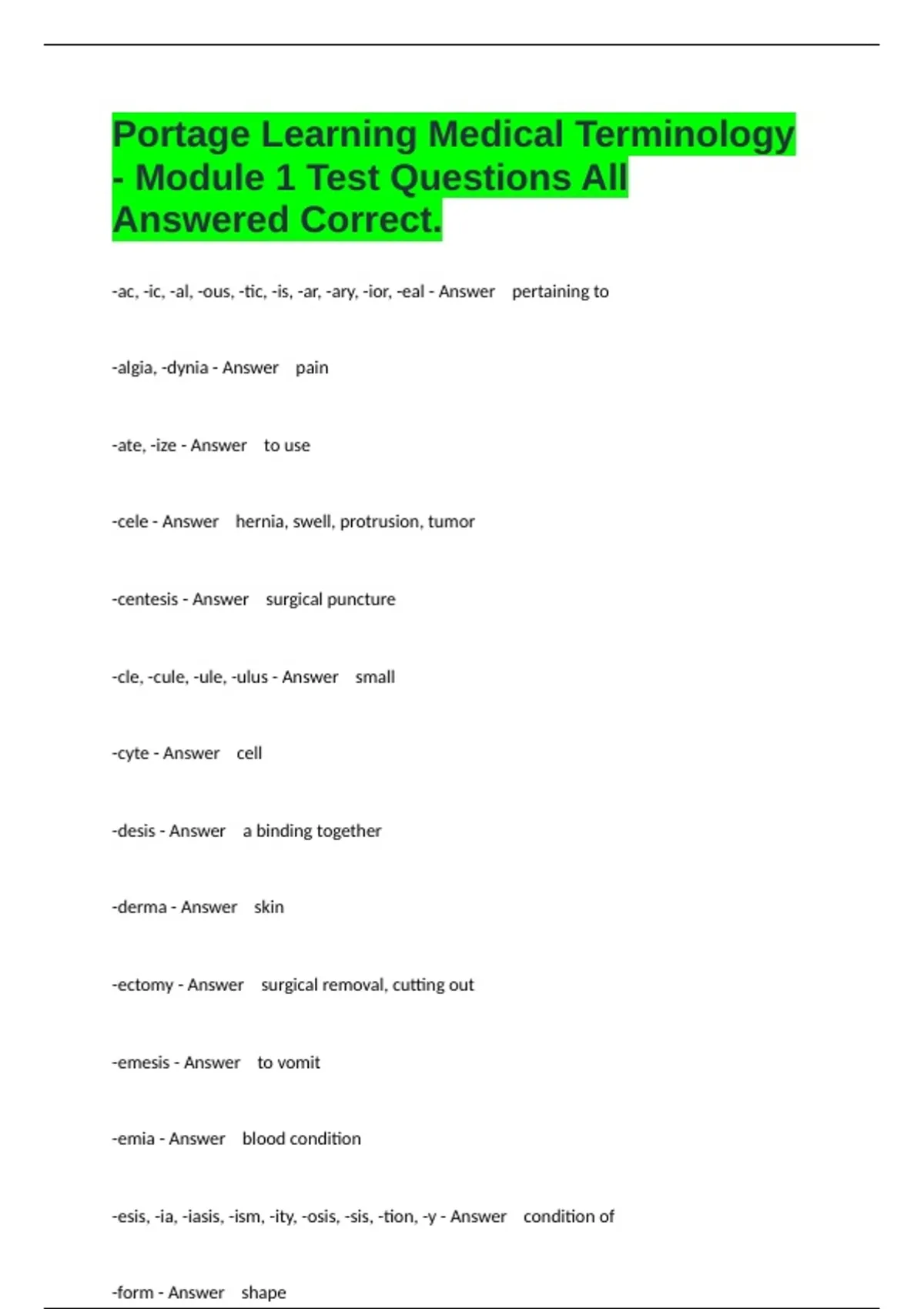 Portage Learning Medical Terminology - Module 1 Test Questions All ...