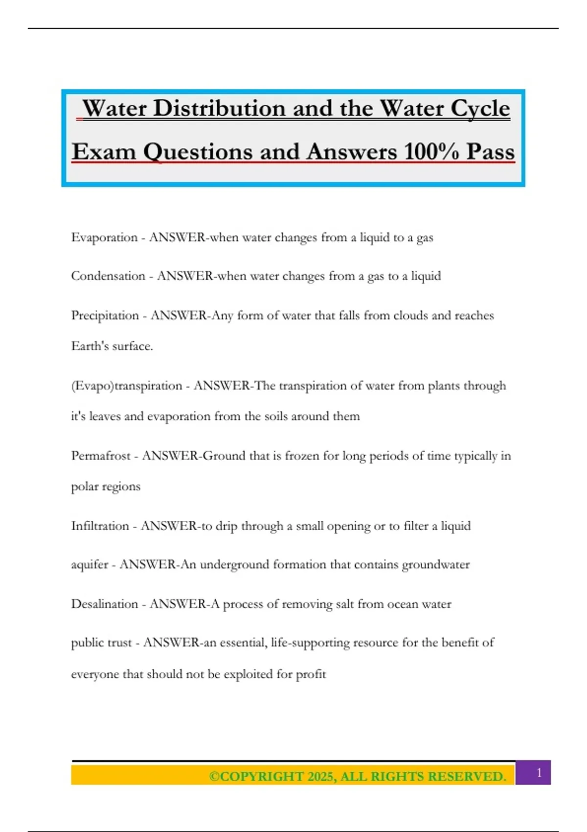 Water Distribution and the Water Cycle Exam Questions and Answers 100% ...